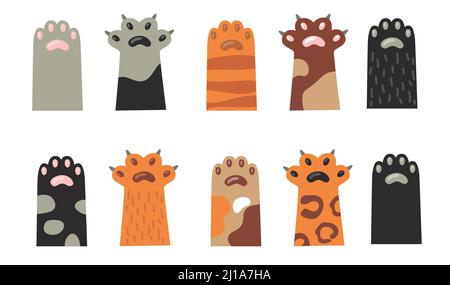 CAT Paws Flat Icon Kollektion. Cartoon niedlich Kätzchen Fußabdruck Silhouetten Vektor Illustration Set. Tiere und Haustiere Konzept Stock Vektor