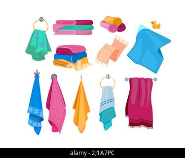 Bad, Strand, Küchentücher Set. Bunte Textilien, hängende, gestapelte und rollte Handtücher. Vektor-Illustration für Haushaltszubehör, Haushalt, Bad Stock Vektor