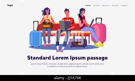 Passagiere am Flughafen. Mann und Frauen mit Koffern sitzen auf Bank flache Vektor-Illustration. Tourismus, Reisen, Wartekonzept für Banner, Website des Stock Vektor