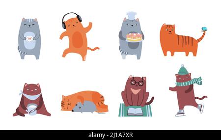 Niedliche Katzen flach Icon Kit. Flauschige Katze Figuren sitzen, schlafen, tanzen, spielen, lesen, trinken isoliert Vektor-Illustration Sammlung. Kuppel Stock Vektor