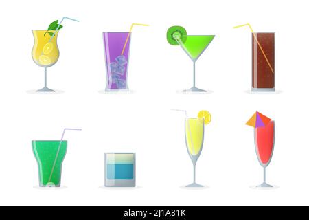 Cocktailgläser-Set. Bunte kalte Getränke mit Strohhalmen, Wermut, Mojito, Gin. Vektor-Illustration für Sommerfest, Bar, alkoholische Getränke Konzept Stock Vektor