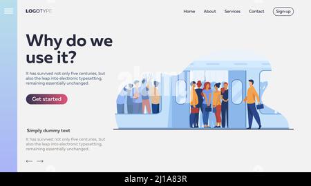 Viele Pendler, die mit der U-Bahn fahren. U-Bahn-Passagiere stehen in überfüllten U-Bahn-Wagen. Vektor-Illustration für den öffentlichen Verkehr, commu Stock Vektor