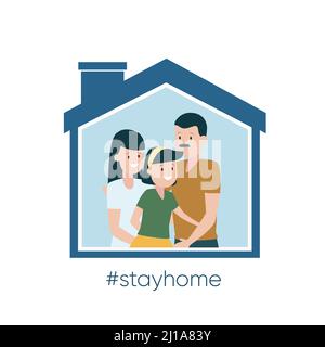 Zu Hause bleiben Sensibilisierung Social Media Kampagne und Coronavirus Prävention: Familie lächelt Stock Vektor