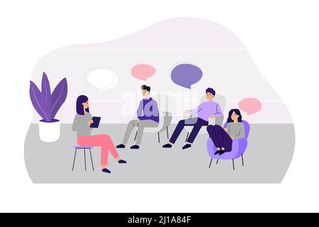 Arzt Beratung Menschen bei der Gruppentherapie flache Vektor-Illustration. Männer und Frauen in Psychologen Sitzung sprechen über Probleme. Medizinische Unterstützung und Stock Vektor