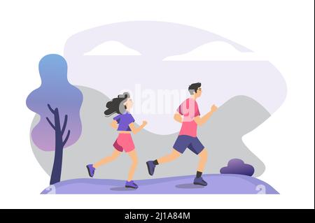 Paar üben Trail Run Training. Menschen joggen im Freien. Vektor-Illustration für Läufer, Aerobic Fitness, Gesundheit, Lifestyle, Sport-Aktivität con Stock Vektor