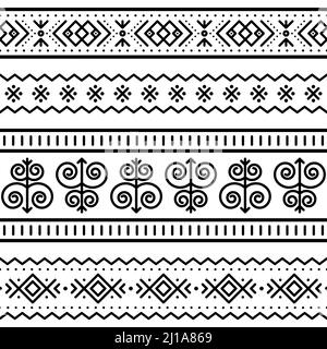 Slowakische Volkskunst Vektor nahtlose geometrische lange horizontale Muster gesetzt, Zick-Zack, Wirbel, Punkte und abstrakten Hintergrund Stock Vektor