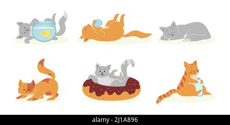 Verspieltes graues und orangefarbenes Katzenset. Lustige Haustiere, süße flauschige Kätzchen spielen, schlafen, essen. Vektor-Illustration für Haustiere, Katze PET Konz Stock Vektor