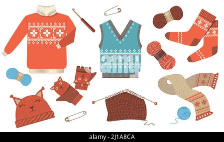 Gestrickte Winter und Herbst Saison Kleidung flach Icon Kit. Wollpullover, Schal, Hut und Socken isoliert Vektor Illustration Kollektion. Handgemachtes Fashi Stock Vektor