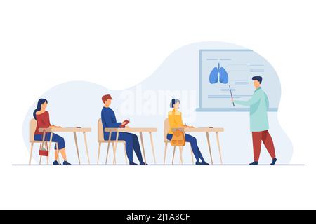 Medizinprofessor, der dem Publikum Organ-Infografiken präsentiert. Studenten hören Vortrag im Klassenzimmer. Vektor-Illustration für Schule, Klasse Stock Vektor