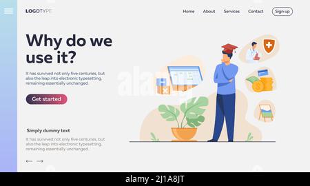 Männliche Student Wahl Programm in der Hochschule. Junger Mann in Graduierung Kappe Denken über zukünftige Beschäftigung. Vektor-Illustration für Chancen, Karriere A Stock Vektor