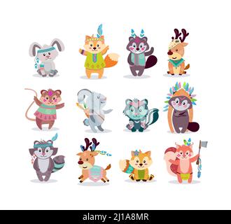 Woodland Boho Zeichen flache Icon-Kit. Cartoon niedlichen Kaninchen, Fuchs, Waschbär, Hirsch, Maus, Eichhörnchen Vektor Illustration Set. Flauschige süße Tiere Konzept Stock Vektor