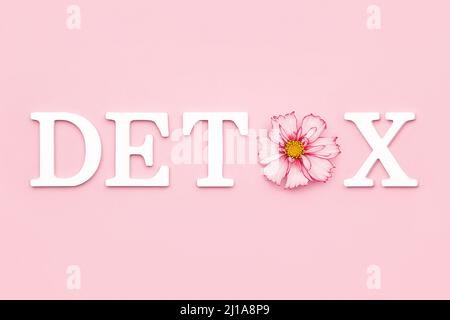 Körper Entgiftung und gesunde Ernährung Konzept. Natürliche zarte Blume in Wort DETOX aus weißen Buchstaben auf rosa Hintergrund. Creative Flat Lay Draufsicht. Stockfoto