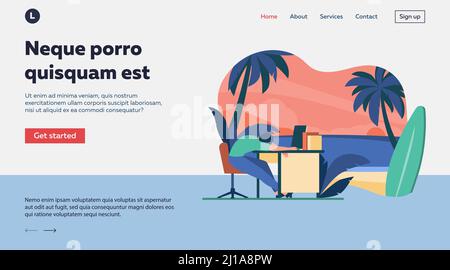 Müder Büroangestellter schläft am Arbeitsplatz und träumt vom Meeresstrand mit Surfbrett. Vektor-Illustration für Burnout, Urlaub, Reise, Urlaub con Stock Vektor