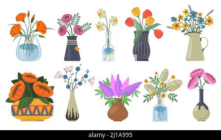 Blumenstrauß gesetzt. Tulpen Knospen, Narzissen, Flieder Bund mit Vasen, Krüge und Glasflaschen mit Wasser. Frühlingsblumen, Pflanzen zur Dekoration, bloo Stock Vektor