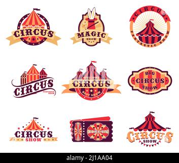 Circus Logo und Aufkleber Set. Kann für Karneval, Messe, Magie Show Konzepte verwendet werden. Vektor-Illustrationen für Festival-Labels, Plakate und Banner desigig Stock Vektor