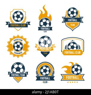 Fußball flache Abzeichen Set. Fußball-Club-Logo, Sport Liga Aufkleber, Schild Embleme isoliert Vektor Illustration Kollektion. Sportspiel und Champio Stock Vektor