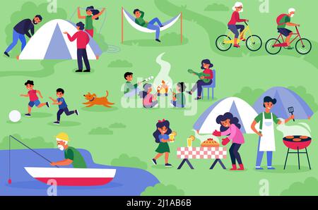 Glücklich diverse Touristen Camping auf Natur flache Vektor-Illustration. Cartoon Gruppe von Menschen sitzen in der Nähe Lagerfeuer, entspannen und Gitarre spielen. Im Freien Stock Vektor