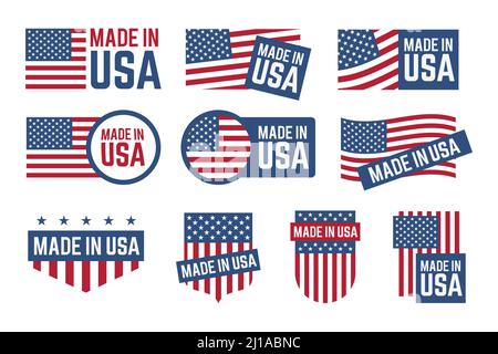 Made in USA Abzeichen Set. Etiketten mit amerikanischem Nationalflaggenmuster mit Sternen und Streifen, Siegel, Logovorlage. Kann für patriotische Briefmarken verwendet werden, nati Stock Vektor