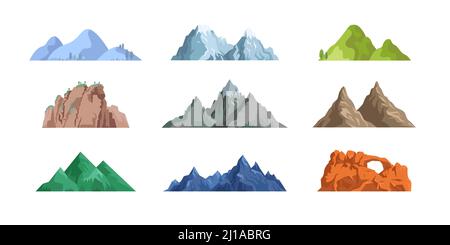 Berge und Felsen flache Icon Kollektion. Cartoon schneebedeckte Berge, Gipfel, Hügel Tops Vektor-Illustration Set. Landschaft und Natur Konzept Stock Vektor