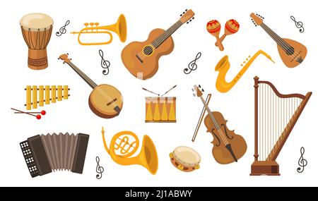 Musikinstrumentensatz. Akkordeon, Gitarre, Harfe, ethnische Trommel, Violine, Saxophon. Kann für Orchester, Akustikkonzert, Musik, Schulkonzept verwendet werden Stock Vektor