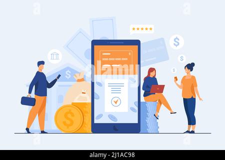 Menschen mit Smartphones über mobile Banking-App. Mann und Frau mit digitalen Geräten, die Online-Zahlungen leisten. Vektor-Illustration für Geld, Fintech, tr Stock Vektor