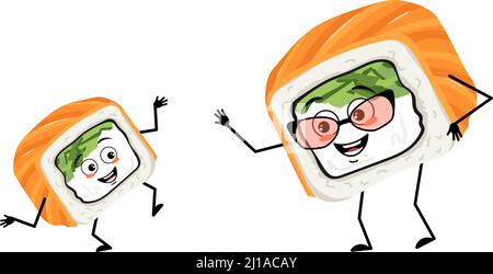 Sushi-Großmutter mit Brille und Enkel tanzenden Charakter mit fröhlichen Emotionen, freudiges Gesicht, lächelnde Augen, Arme und Beine. Vektorgrafik flach Stock Vektor