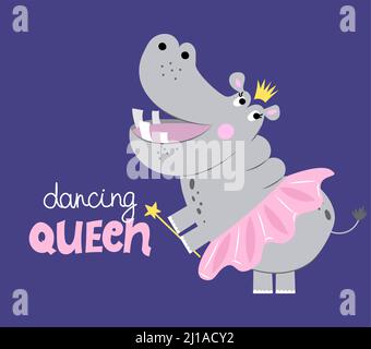 dancing Queen - lustige handgezeichnete Doodle, Cartoon Hippopotamus. Gut geeignet für Poster oder T-Shirt Textil-Grafik-Design. Vektorgrafik handgezeichnete Illustration. Hipp Stock Vektor