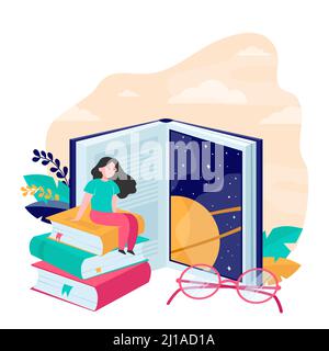 Winzige Frau sitzt auf riesigen Buch flache Vektor-Illustration. Großes Buch Tür zu Wissen, neue Welt und Erfahrung. Literatur, Geschick und Erfahrung conce Stock Vektor