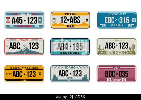 USA Auto Nummernschilder Set. Amerikanische Lizenz, Retro-Design, Idaho, New Mexico, Missouri, Denver. Flache Vektorgrafiken für die Fahrzeugfahrt, registr Stock Vektor