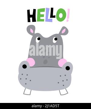 Hippopotamus mit Wort Hello - niedliche Hippopferdedekoration. Kleines Nilpferd-Poster für den Kinderzimmer, Grußkarten, Kinder- und Babykleidung. Isolierter Vec Stock Vektor