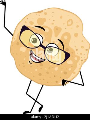 Pancake-Charakter mit Brille und fröhlicher Emotion, fröhlichem Gesicht, lächelnden Augen, Armen und Beinen. Backende Person, hausgemachtes Gebäck mit lustigen Ausdruck. Essen Emoticon für Karneval oder Maslenitsa Stock Vektor