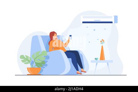 Frau, die sich zu Hause im Sessel entspannt, die Klimaanlage anschaltet und die Fernbedienung hält. Flache Vektorgrafik für Sommer, Reinigung, Stock Vektor