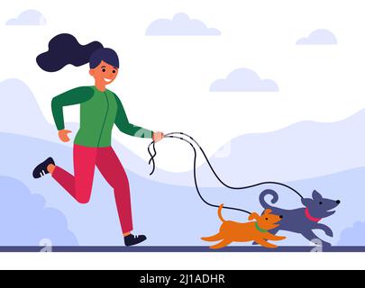 Junge Frau laufen und gehen Hunde flache Vektor-Illustration. Cartoon Haustier Besitzer Joggen im Park mit zwei niedlichen Hunden. Gesunde Lebensweise und Tiere con Stock Vektor