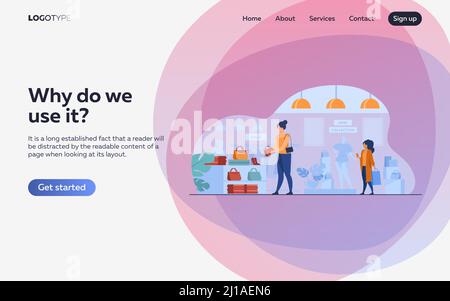 Weibliche Kunden einkaufen im Bekleidungsgeschäft. Frauen wählen Kleidungsstücke, Mode-Accessoires zum Verkauf in der Boutique. Vektorgrafik für Einzelhandelsgeschäft, märz Stock Vektor