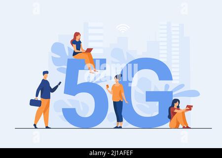 5G-Netze und Telekomkonzept. Personen, die digitale Geräte verwenden. Flache Vektor-Illustration für schnelles Internet, Interaktion, Social-Media-Themen Stock Vektor