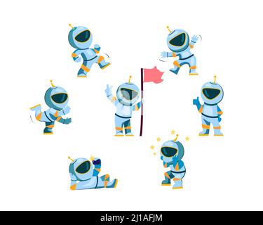 Astronaut-Zeichensatz. Cartoon Raumfahrer tragen Raum Anzug Einstellung Flagge, Wandern, Tanzen, zeigen wie. Vektor-Illustration für Raum erkunden, Gala Stock Vektor