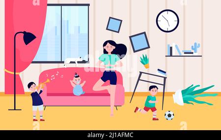 Ruhige Mutter macht Yoga unter frechen Kindern. Kinder machen Chaos, während Mama zu Hause meditiert. Vektor-Illustration für Mutterschaft, Kindheit, Stress r Stock Vektor