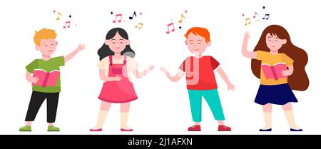 Cartoon Kinder Chor flache Vektor-Illustration. Nette Kinder singen Lied in der Musikschule, Kirche oder Vokalgruppe. Freundschaft, Musik und Performance Konz Stock Vektor