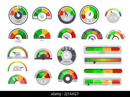 Kreditlimits. Score-Indikatoren, Tacho-Skalen mit Pfeilen, Kredit-Obergrenze Ebene, finanzielle Rating-Meter. Vektorgrafik Set für Finanzen Stock Vektor