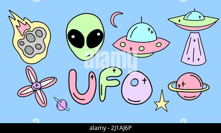 Vector Sammlung von ufo, Aliens und Weltraum-Objekte in flachem Stil gezeichnet. Kinderraum-Illustration. Stock Vektor
