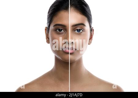 Transformation der jungen Inderin. Ergebnis einer plastischen Operation oder Retuschierung. Stockfoto