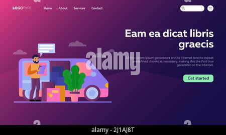 Lächelnder Kurier steht in der Nähe von van und Boxen flache Vektor-Illustration. Cartoon Postbote Versandpakete auf LKW. Lieferservice und Transport Stock Vektor