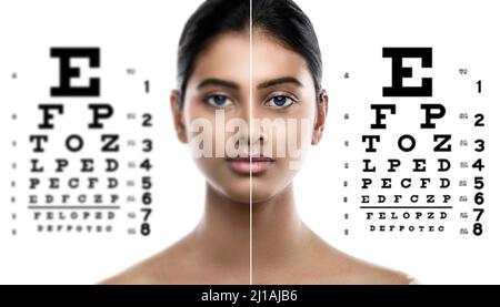 Indische Frau und Augendiagramm für den Sehtest Stockfoto