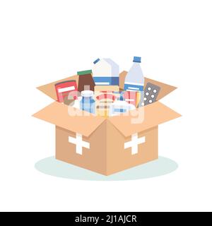Humanitäre Hilfe, eine Kiste mit Lebensmitteln, Hygieneprodukten und Medikamenten. Wohltätigkeitsspenden für Flüchtlinge, Freiwilligenarbeit. Vektordarstellung in Stock Vektor