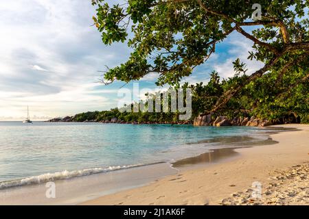 Anse Lazio Strand mit Katamaran in der Ferne verankert, türkisfarbenes Wasser, Wellen, die auf den Sandstrand drücken, tropische Vegetation um. Stockfoto