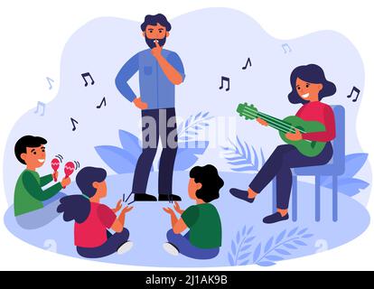 Vater bittet Kinder, Schweigen zu bewahren. Spielen Gitarre, Maracas, Spaß flache Vektor-Illustration. Familie, Musikkonzept für Banner, Website-Design oder Landung Stock Vektor