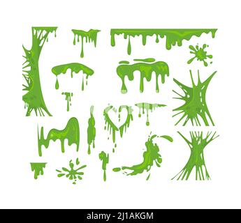 Grünes Slime Flat Icon Set. Goo Blob Spritzer und toxisch tropfenden Schleim isoliert Vektor Illustration Sammlung. Dekorative Formen und flüssige Ränder fo Stock Vektor