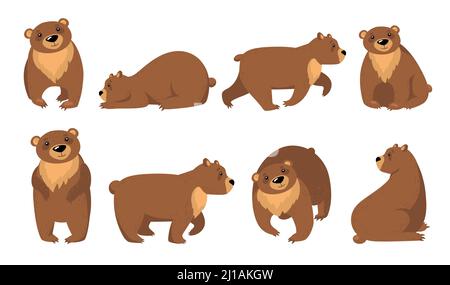 Lustige Grizzlybären flache Icon-Set. Cartoon niedlichen Braunbär stehend, sitzend, Wandern isoliert Vektor-Illustration Sammlung. Tierwelt und Tiere Co Stock Vektor