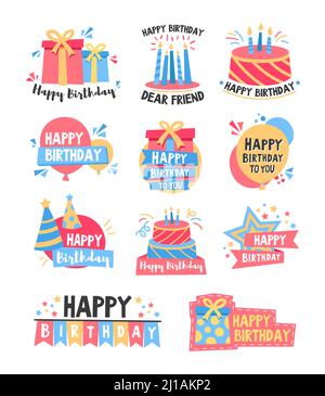 Happy Birthday bunte Abzeichen Set. Rosa und blaue Kuchen mit Kerzen, Geschenkschachteln, Feier Hüte mit Text. Kann für Logo, Grußkarten, fe verwendet werden Stock Vektor