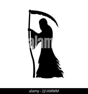 Silhouette grimmiger Schnitter. Vektor-Illustration einer schwarzen Silhouette des Todes mit einem skythe isoliert auf einem weißen Hintergrund. Stock Vektor